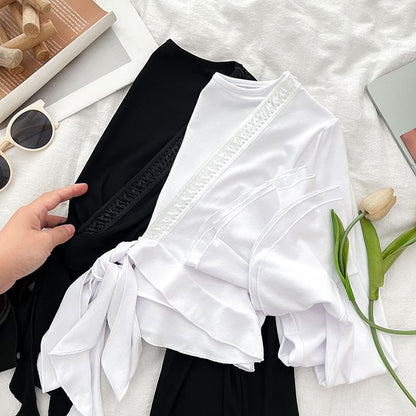 Open Front Lace Trim Cropped V-Neck Top