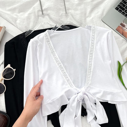 Open Front Lace Trim Cropped V-Neck Top