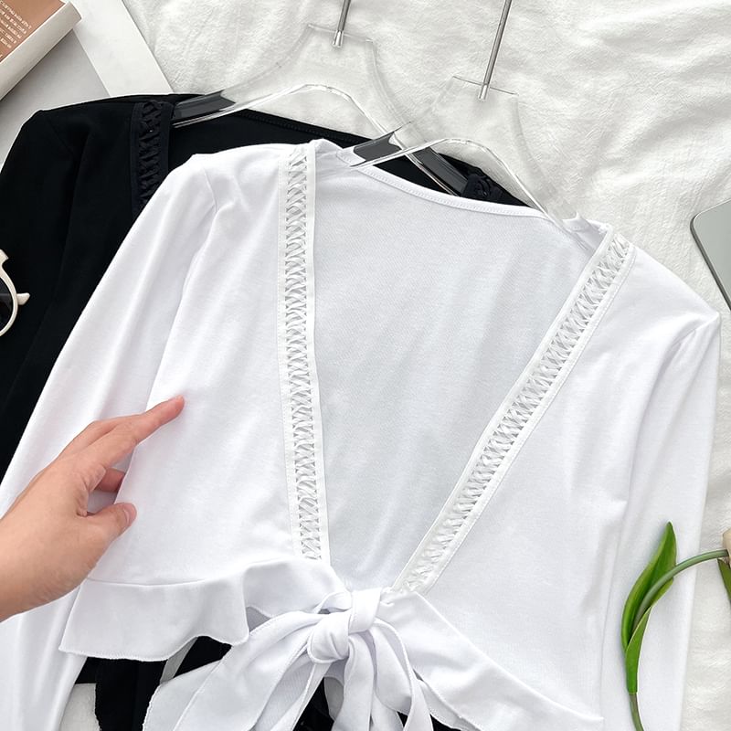 Open Front Lace Trim Cropped V-Neck Top