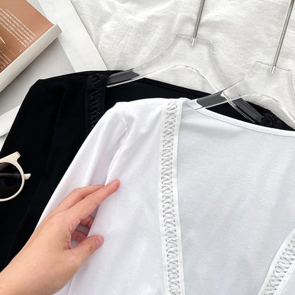 Open Front Lace Trim Cropped V-Neck Top
