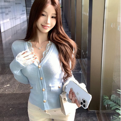 V-Neck Lace Panel Plain Cardigan