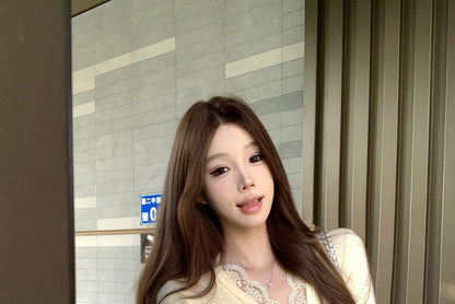 V-Neck Lace Panel Plain Cardigan
