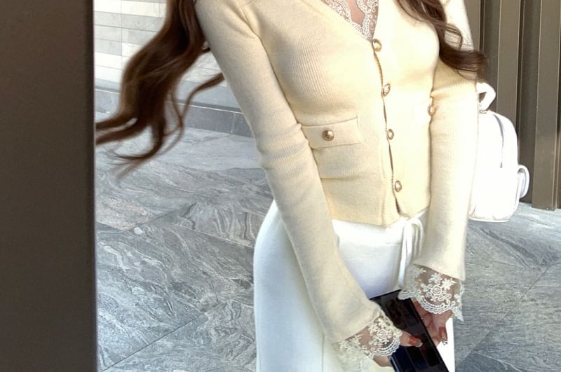 V-Neck Lace Panel Plain Cardigan