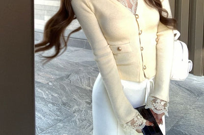 V-Neck Lace Panel Plain Cardigan
