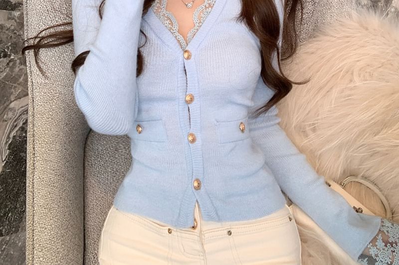 V-Neck Lace Panel Plain Cardigan
