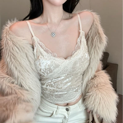 Velvet Wrap Camisole with Lace Panel and V-Neck