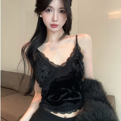 Velvet Wrap Camisole with Lace Panel and V-Neck