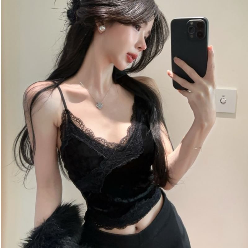 Velvet Wrap Camisole with Lace Panel and V-Neck