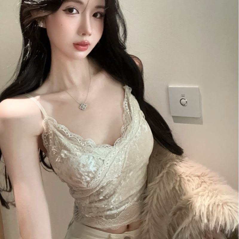 Velvet Wrap Camisole with Lace Panel and V-Neck