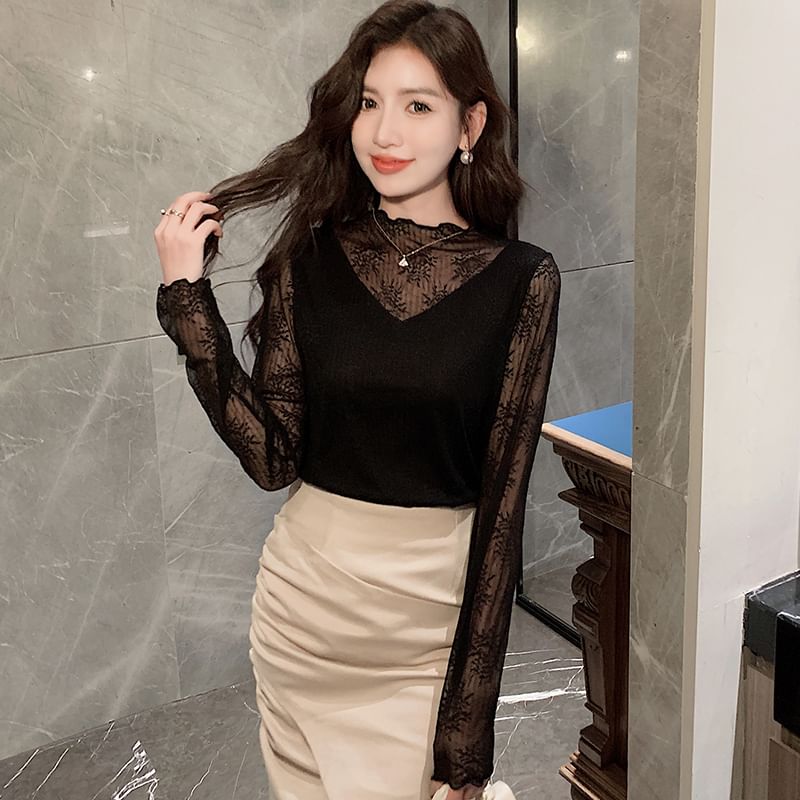 Sheer Mock Neck Long Sleeve Ruffle Hem Blouse