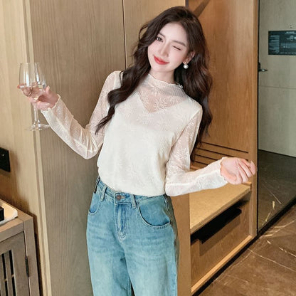 Sheer Mock Neck Long Sleeve Ruffle Hem Blouse