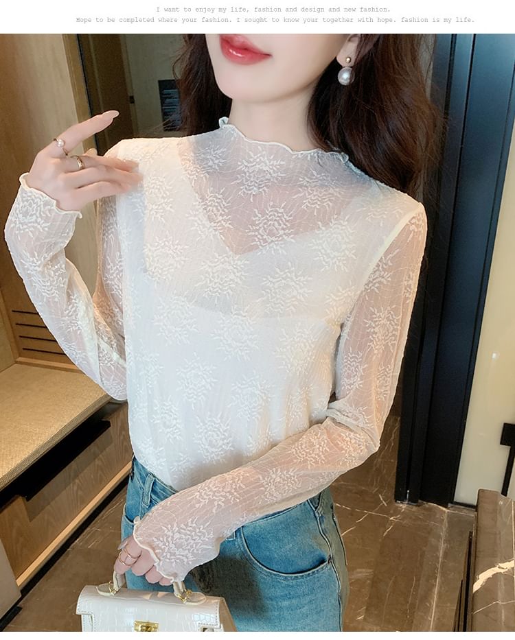 Sheer Mock Neck Long Sleeve Ruffle Hem Blouse