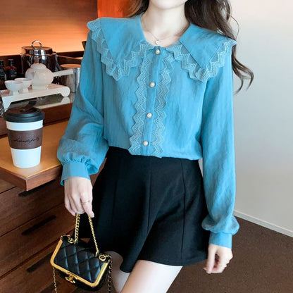 Peter Pan Collar Long Sleeve Lace Trim Button Down Shirt