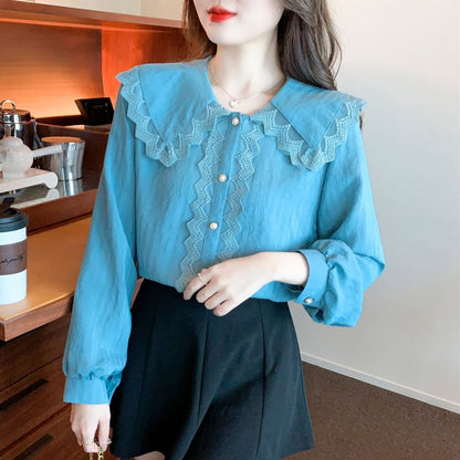 Peter Pan Collar Long Sleeve Lace Trim Button Down Shirt