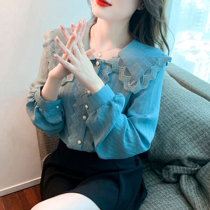 Peter Pan Collar Long Sleeve Lace Trim Button Down Shirt