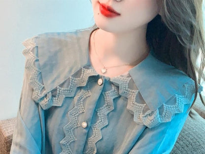 Peter Pan Collar Long Sleeve Lace Trim Button Down Shirt