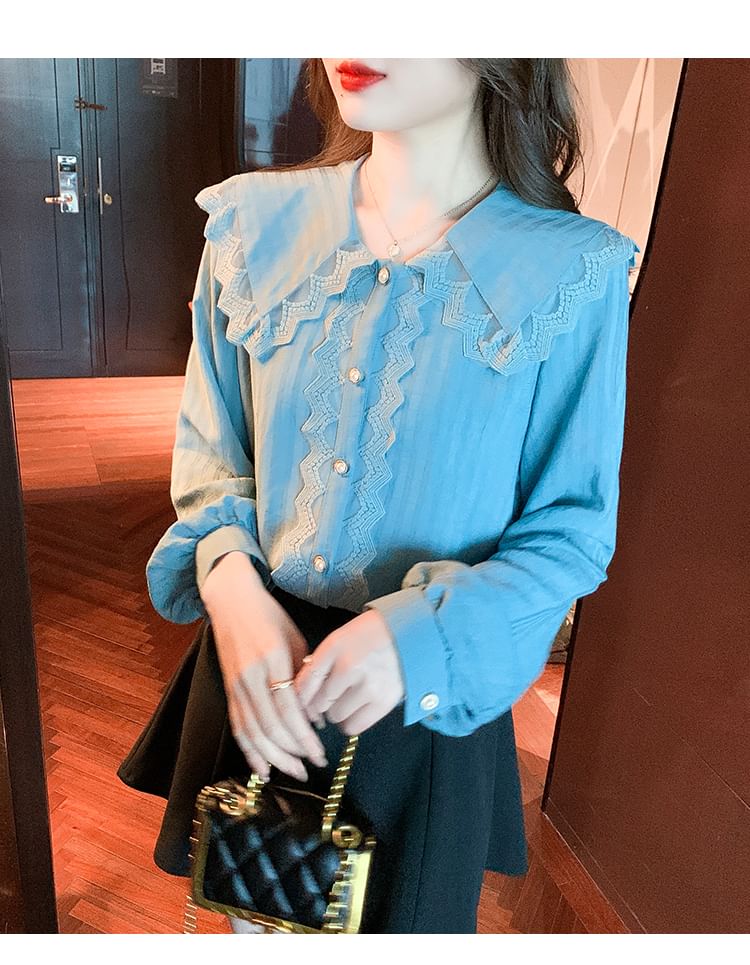 Peter Pan Collar Long Sleeve Lace Trim Button Down Shirt