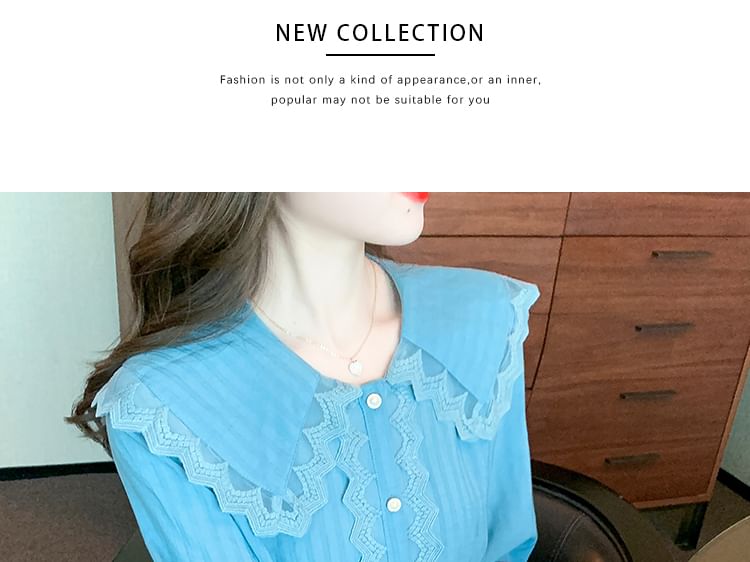 Peter Pan Collar Long Sleeve Lace Trim Button Down Shirt