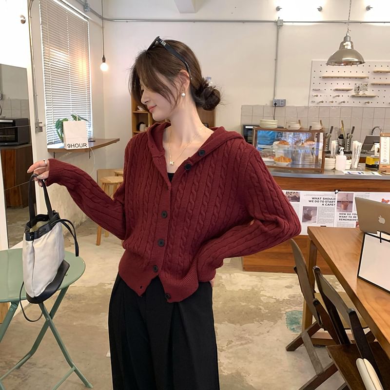 Hooded Cable Knit Button-Up Plain Cardigan