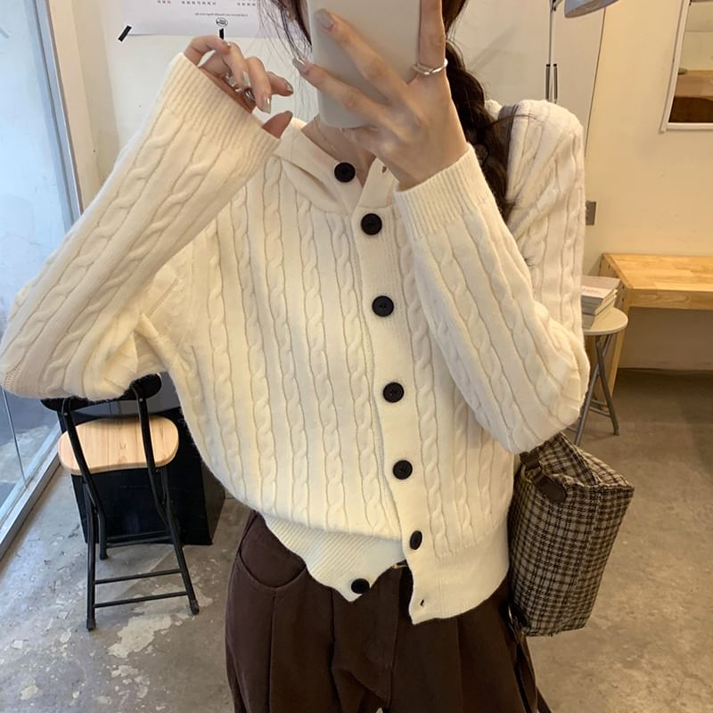 Hooded Cable Knit Button-Up Plain Cardigan