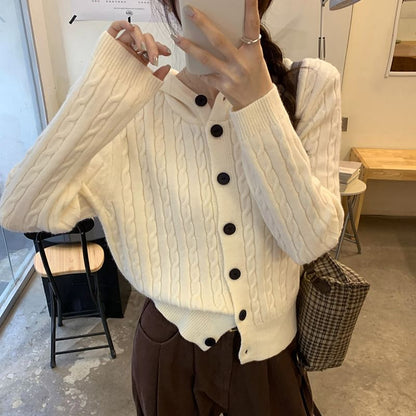 Hooded Cable Knit Button-Up Plain Cardigan