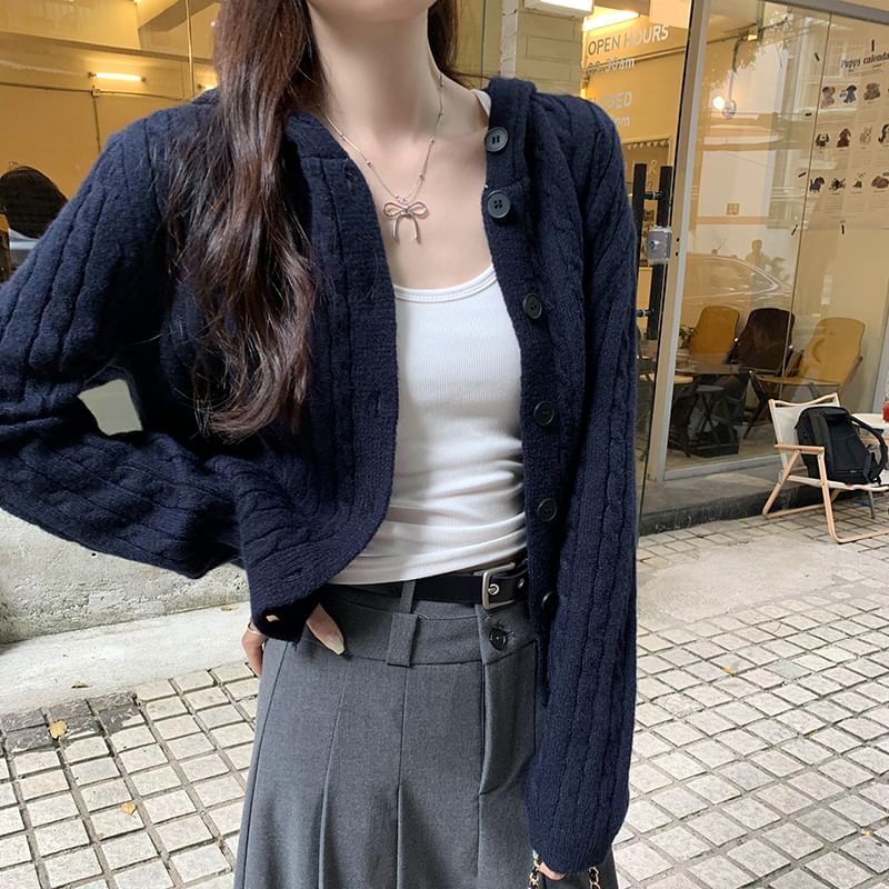 Hooded Cable Knit Button-Up Plain Cardigan