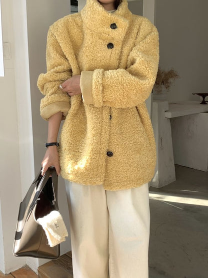 Plain Fluffy Button-Up Jacket