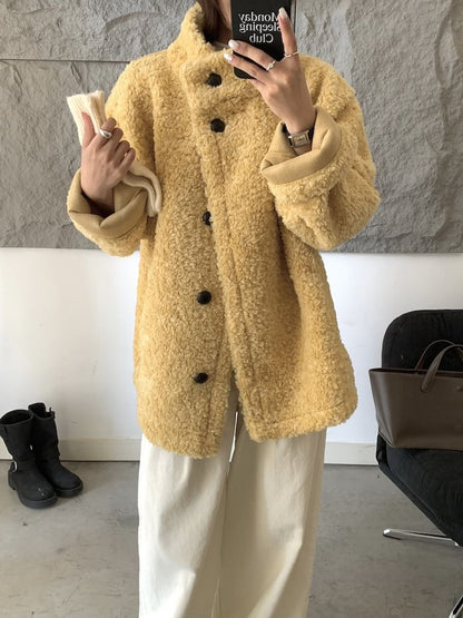 Plain Fluffy Button-Up Jacket