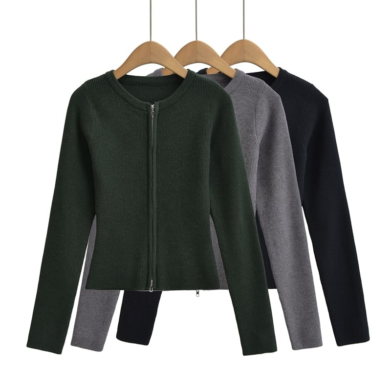Round Neck Zip-Front Cardigan