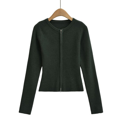 Round Neck Zip-Front Cardigan
