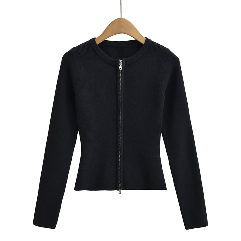 Round Neck Zip-Front Cardigan