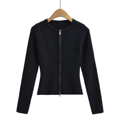 Round Neck Zip-Front Cardigan