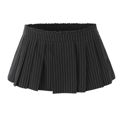 Mid Rise Striped Pleated Flared Mini Skirt