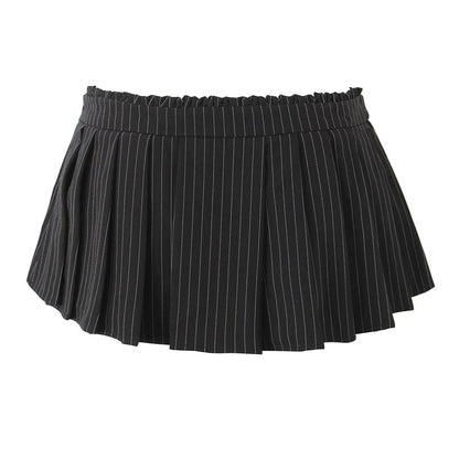 Mid Rise Striped Pleated Flared Mini Skirt