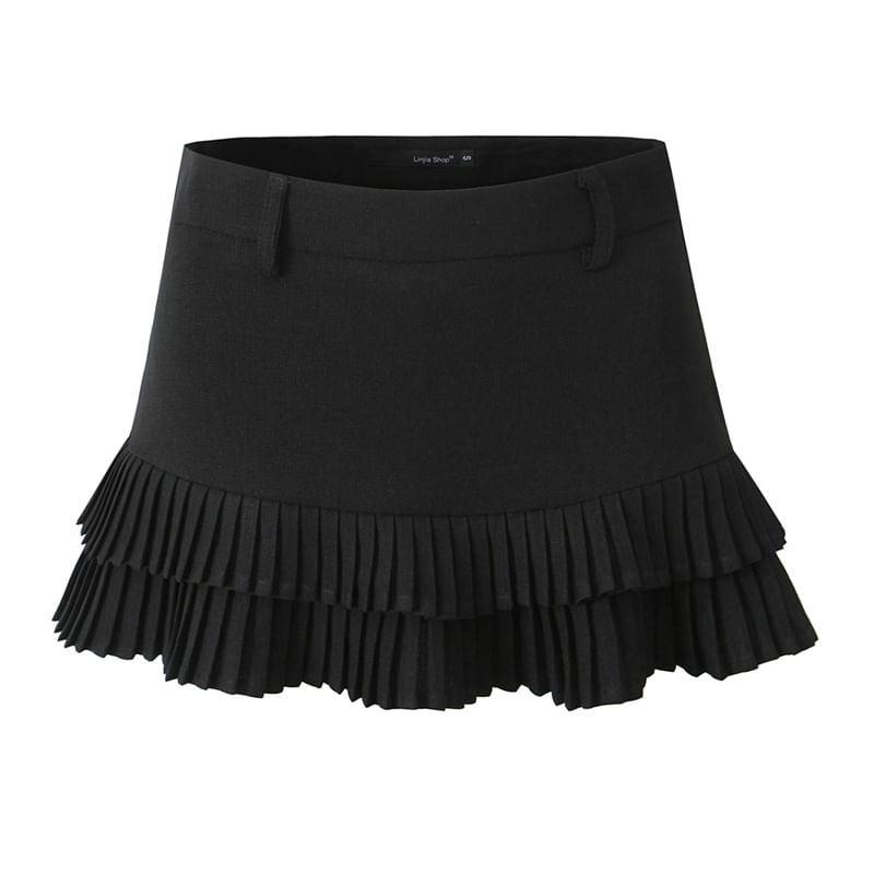 High Rise Solid Pleated Hem Flared Mini Skirt