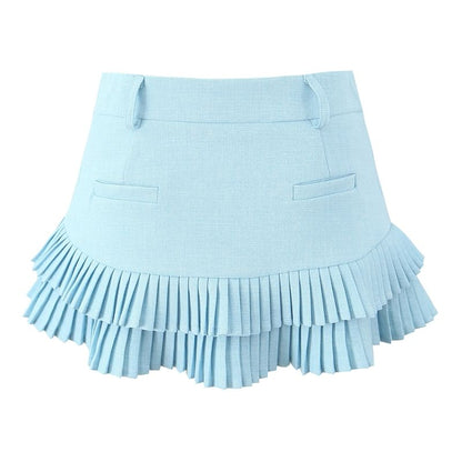 High Rise Solid Pleated Hem Flared Mini Skirt