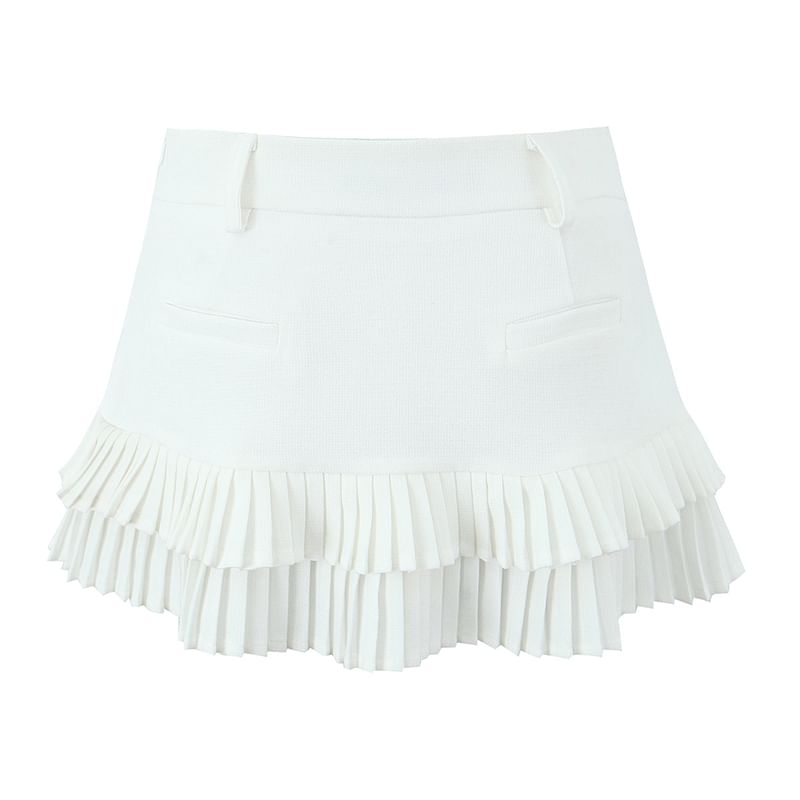 High Rise Solid Pleated Hem Flared Mini Skirt