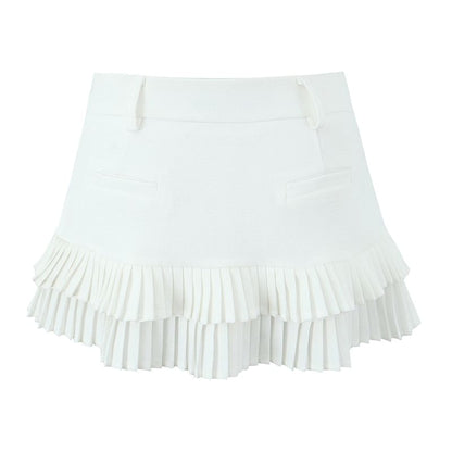 High Rise Solid Pleated Hem Flared Mini Skirt