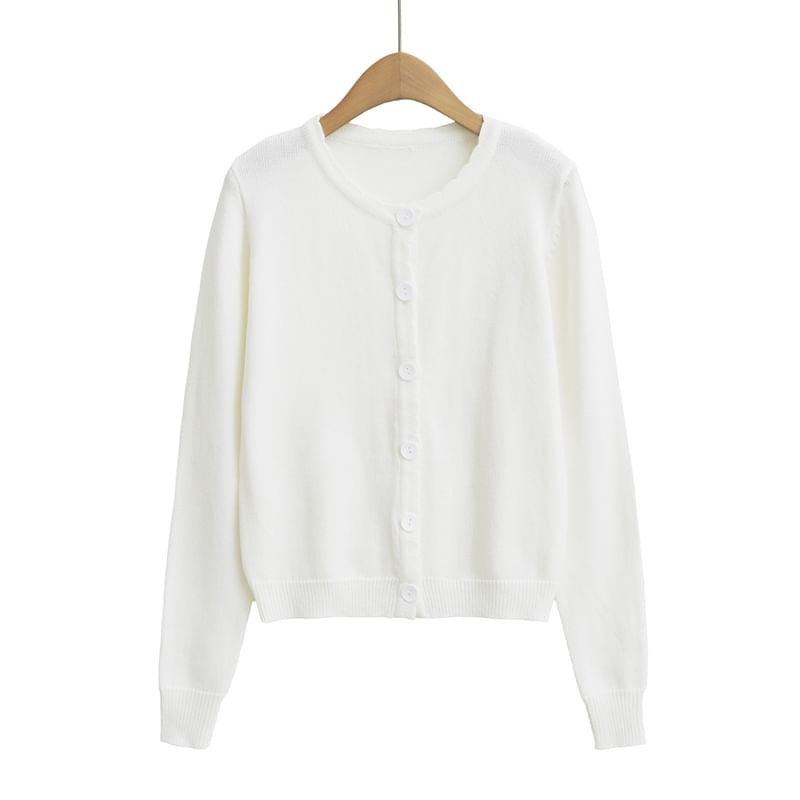 Scallop Trim Round Neck Plain Cardigan