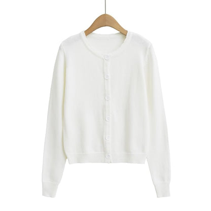Scallop Trim Round Neck Plain Cardigan