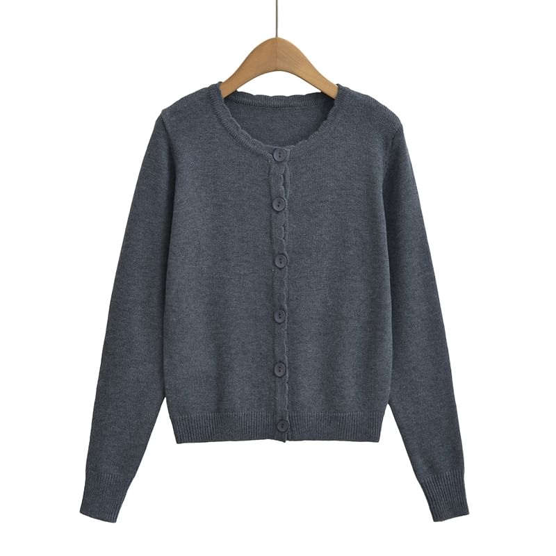 Scallop Trim Round Neck Plain Cardigan