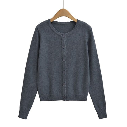 Scallop Trim Round Neck Plain Cardigan