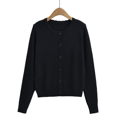 Scallop Trim Round Neck Plain Cardigan