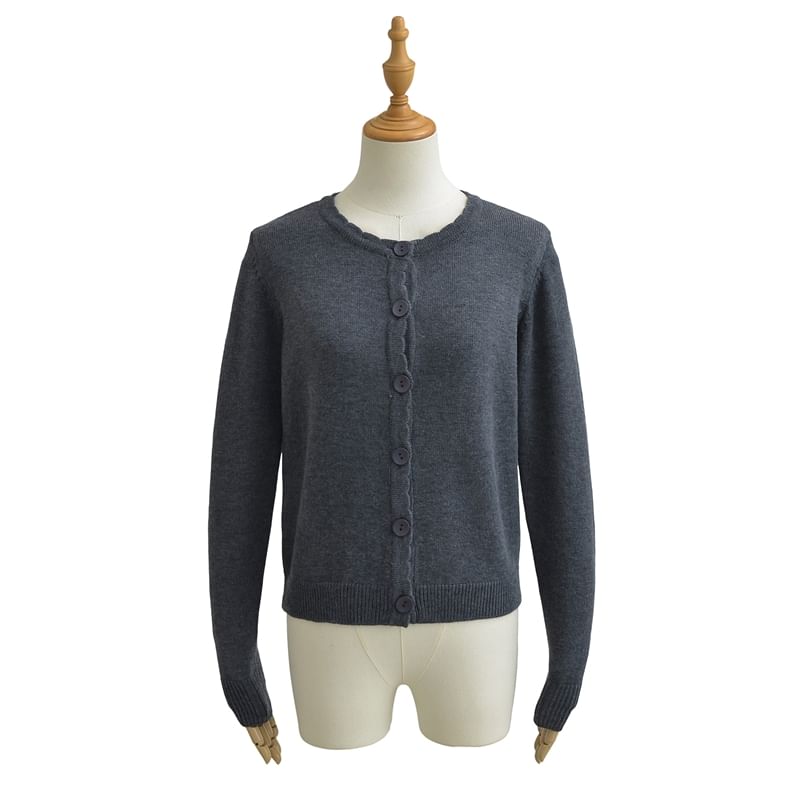 Scallop Trim Round Neck Plain Cardigan