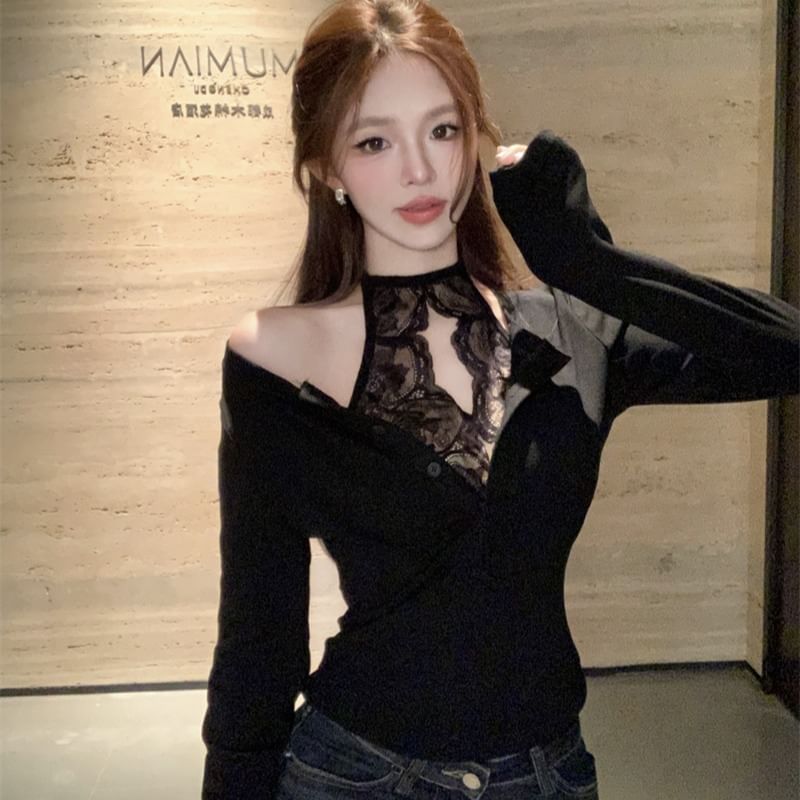 Cold Shoulder Lace Panel Long Sleeve Top