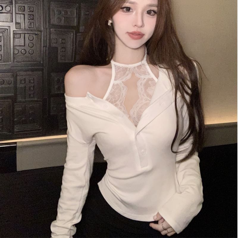 Cold Shoulder Lace Panel Long Sleeve Top