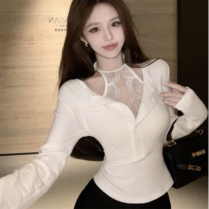 Cold Shoulder Lace Panel Long Sleeve Top