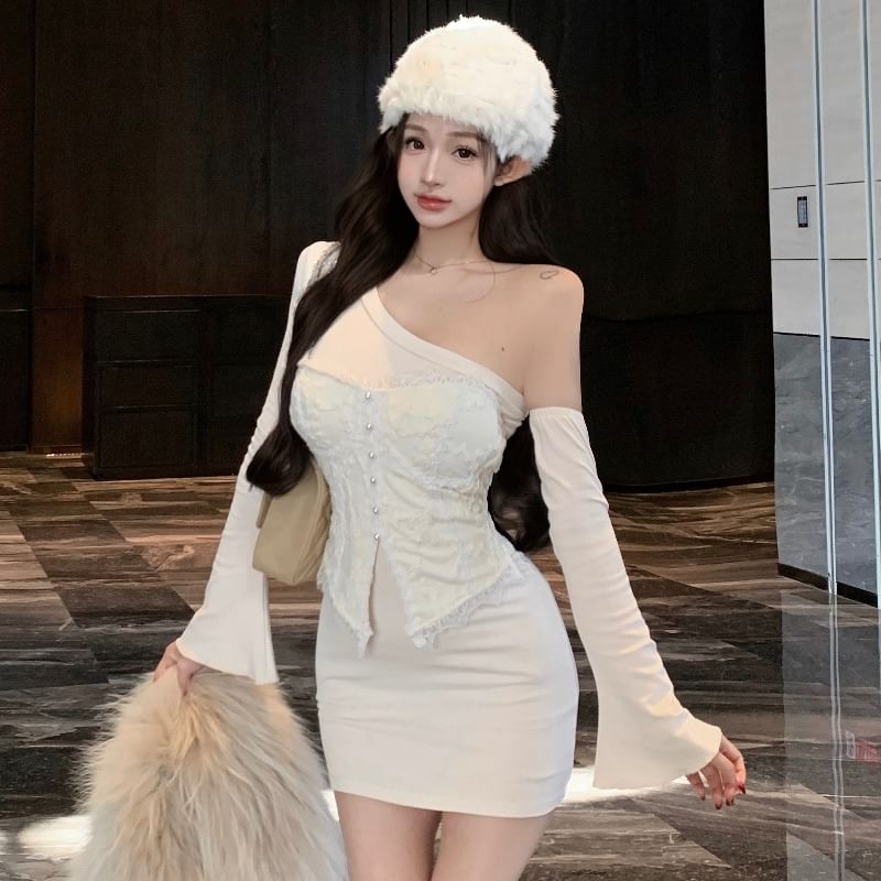 Pearl Button Lace Tube Top and One Shoulder Mini Sheath Dress Set