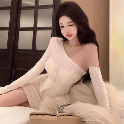 Pearl Button Lace Tube Top and One Shoulder Mini Sheath Dress Set