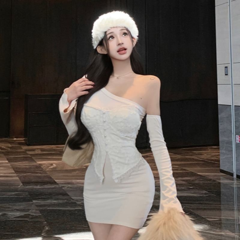 Pearl Button Lace Tube Top and One Shoulder Mini Sheath Dress Set
